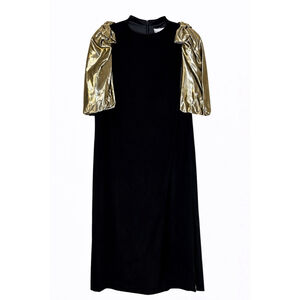 Vintage Black Velvet Gold Bow Sleeve Midi Dress M